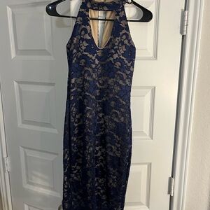 Honey and Rosie Navy and Beige Lace Backless Dress